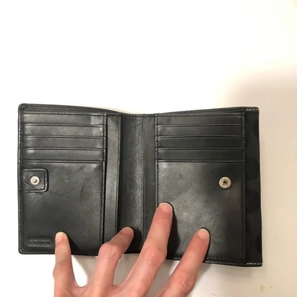 Coach black signature stripe compact wallet